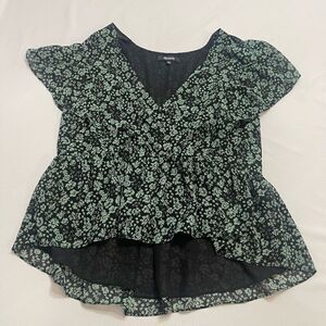 Madewell Georgette Green Floral Faux Wrap Short Sleeve Peplum Top Small Womens